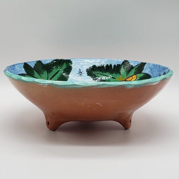 Mexican Hand Painted Folk Art Storyteller Sun, Trees & Fish 3 Footed Bowl - 2012 - Picture 5 of 10